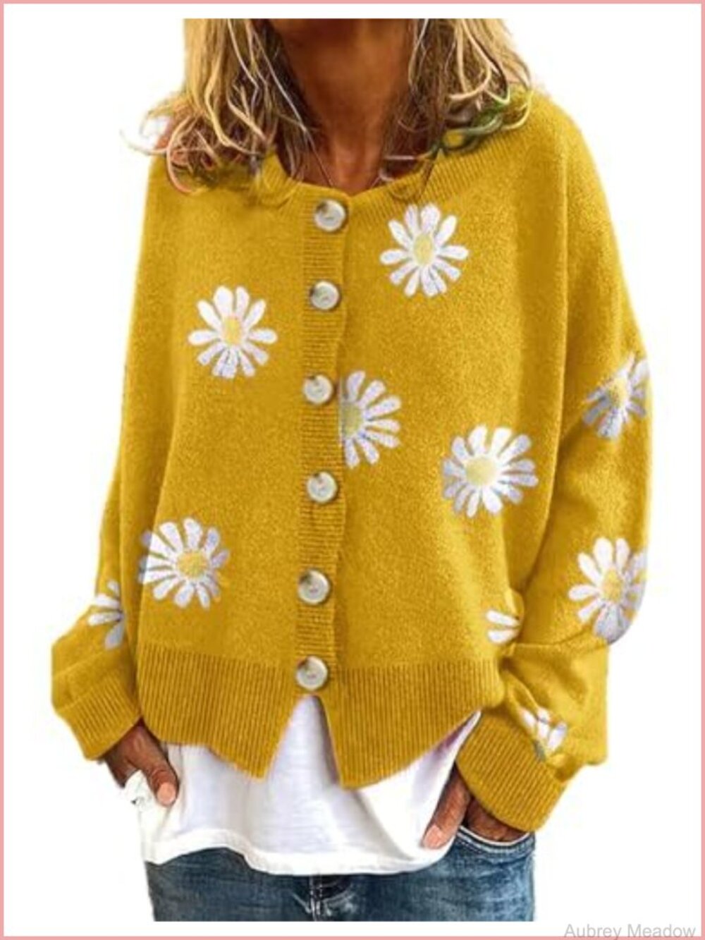 Oversized Cropped Floral Print Cable Knit Cardigan Sweater Button Down